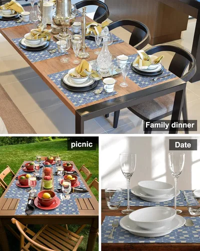 Vista 5 de Juego de 6 manteles individuales geométricos azules para mesa de comedor, manteles individuales de lino de algodón con bolsillo, tapete de arpillera