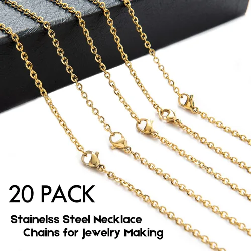 Vista 2 de Paquete de 20 cadenas de collar chapadas en oro de acero inoxidable a granel para fabricación de joyas, 16 pulgadas