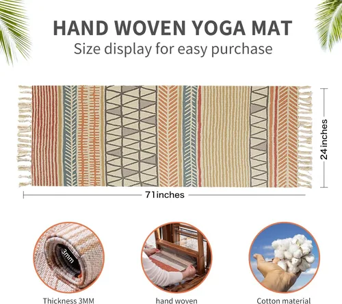 Vista 2 de Cifupy Tapete de yoga orgánico hecho a mano con esterilla de yoga de algodón orgánico, alfombra de yoga plegable y antideslizante tejida a mano que
