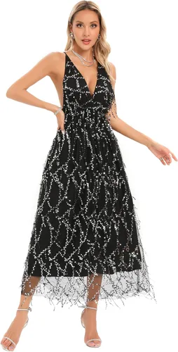 Vista 2 de Aigeman Sexy cuello en V profundo tirantes espagueti sin espalda lentejuelas Maxi vestido de fiesta de encaje mameluco brillante brillo vestido