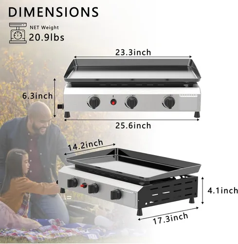 Vista 6 de SKOK Plancha de Propano para Exteriores de 3 Quemadores - 23.3 Pulgadas, 30000 BTU, Plancha Portátil de Gas de Superficie Plana para Camping y BBQ