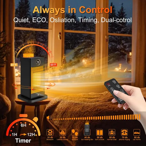 Vista 6 de Space Heater, Space Heaters for Indoor Use with Humidifier/Sensor/ECO/3D Flame Effect/Thermostat/Timer/Oscillating, PTC Fast Electric Heaters, Quiet