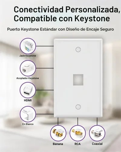 Vista 3 de VCE Placa de pared Keystone de 1 puerto (certificación UL), color blanco