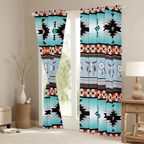 Vista 3 de Cortinas opacas de estilo bohemio occidental de 76 x 45 pulgadas, cortinas y cortinas de atrapasueños de vaca, cortinas del suroeste, cortinas
