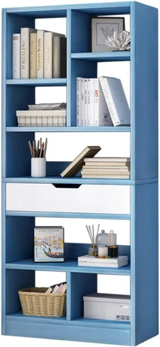 Vista 15 de IOTXY - Estantería de madera con espacios abiertos, 51" de altura, organizador de almacenamiento con 7 cubos y un cajón, estante de piso, color azul