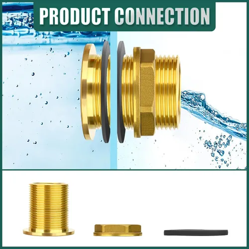 Vista 5 de 1 conector de tanque de agua de latón, 1 pulgada NPT hembra 1-1/4 pulgadas NPT macho, adaptador de tanque de mamparo, con anillo de goma