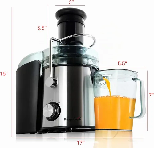 Vista 3 de MegaChef Máquina extractora de jugo de boca ancha con exprimidor centrífugo de acero inoxidable de doble velocidad, 3.5 tazas, plata cromada
