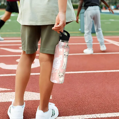 Vista 5 de Botella de agua aislada con popote Kawaii Devon Rex Cats Blush doble pared aislada al vacío ligera para deportes, gimnasio, viajes al aire libre