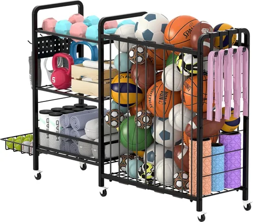 Vista 9 de Organizador de garaje para equipos deportivos, estante de almacenamiento de pelotas de garaje para deportes con ruedas, organizador deportivo