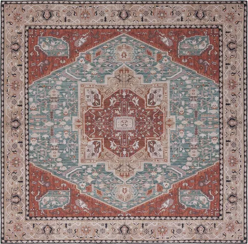 Vista 14 de SAFAVIEH Alfombra lavable Tucson Collection - 2 pies 6 pulgadas x 4 pies, aguamarina y óxido, antideslizante y fácil de limpiar, ideal para sala
