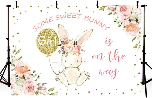 Vista 3 de MEHOFOND Fondo de fiesta de conejito de 7 x 5 pies para decoración de fiesta de baby shower, con texto en inglés "Some Sweet Bunny is on the Way