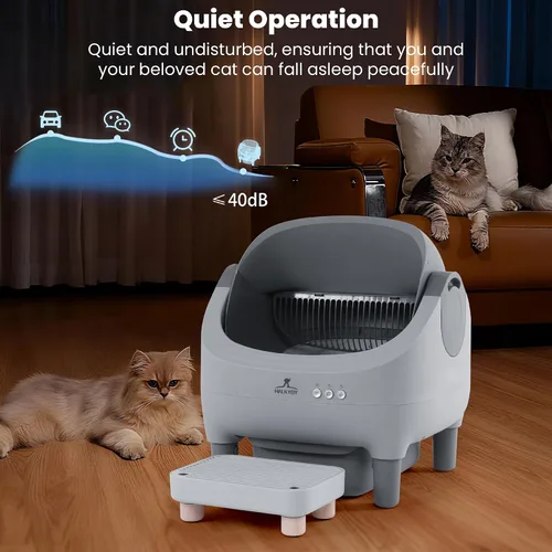 Vista 8 de Caja de arena automática mejorada, autolimpieza, con escalón elevado, parte superior abierta, gran capacidad para múltiples gatos, control de olores