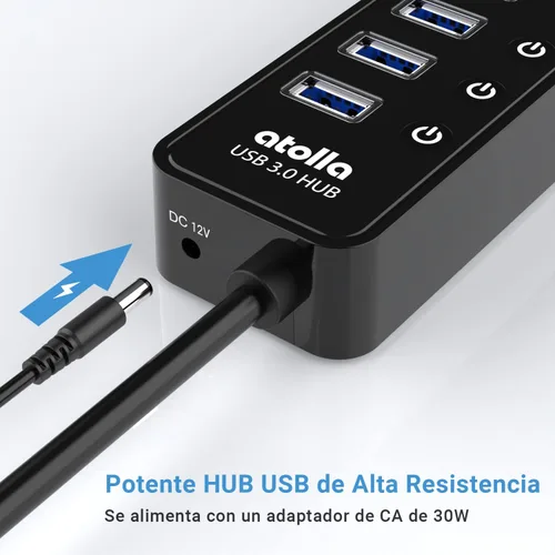 Vista 5 de Concentrador USB 3.0 alimentado, divisor de concentrador de datos USB de 10 puertos con interruptores individuales de encendido/apagado y adaptador