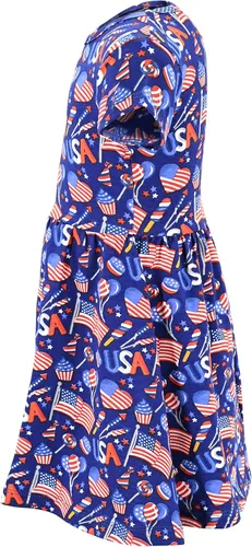 Vista 3 de Unique Baby Vestido sin mangas con estampado de bandera patriótico para niñas, Azul, blanco, rojo.