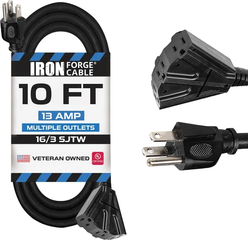 Vista 15 de Iron Forge Cable Cable de extensión negro de 6 pies con 3 tomas de corriente, SJTW de 16/3, cable de extensión de 6 pies, 3 clavijas, resistente a