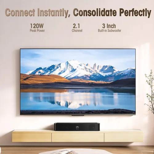 Vista 3 de BESTISAN Barra de sonido de 2.1 canales para TV, compacta de 16.5 pulgadas con subwoofer integrado, entrada ARC/Opt/AUX/USB, aumento de volumen