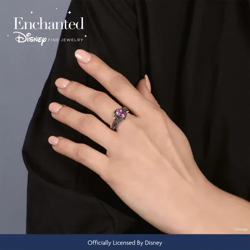 Vista 2 de Jewelili Enchanted Disney Fine Jewelry - Anillo de oro rosa de 14 quilates sobre plata esterlina con rodio negro ovalado zafiro rosa creado y 14