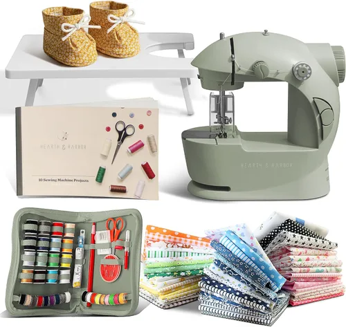 Vista 10 de Hearth & Harbor Minimáquina de coser para principiantes, máquina de coser portátil de doble velocidad pequeña para niños y adultos con mesa