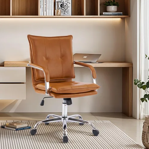 Vista 10 de MOJAY Silla de escritorio ergonómica de cuero con respaldo medio, moderna silla tapizada para computadora, silla de oficina ejecutiva con brazos