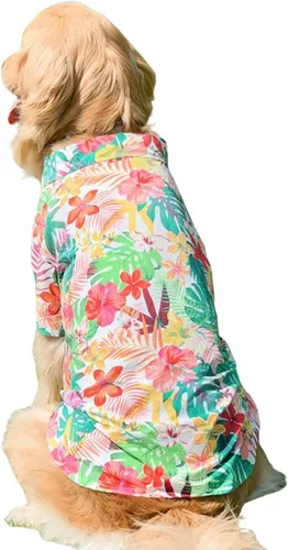 Vista 4 de Camisa hawaiana para perro, ropa de verano para mascotas, disfraz genial para perros grandes, camiseta de playa para perros medianos y grandes Azul