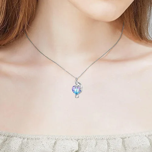 Vista 2 de AOBOCO Joyas de gato para mujer, juego de collar y aretes de plata de ley con corazón morado de cristal de Austria