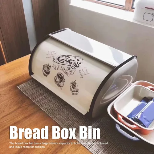Vista 6 de Contenedor de almacenamiento de pan de acero inoxidable mate con tapa enrollable, caja de pan para encimera de cocina, a prueba de huellas