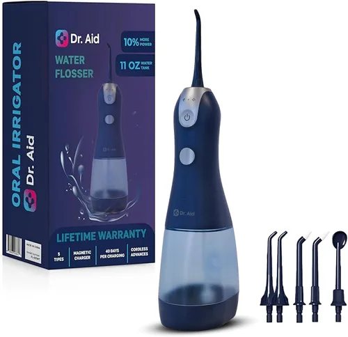 Vista 14 de Dr. Aid Irrigador de agua portátil – Irrigador oral dental para viajes con tanque de 11 onzas, filtro, 5 puntas, cargador magnético – IPX8 Negro