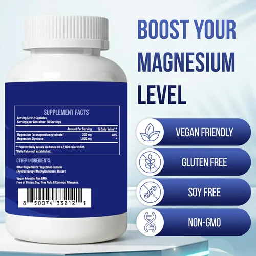 Vista 3 de Glicinato de magnesio 1000 mg - Suplemento de magnesio quelado de alta absorción - Apoya la relajación, sueño reparador, función muscular y salud