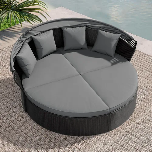 Vista 2 de Crownland Sofá cama redondo para patio con toldo retráctil, modular de mimbre con concha, muebles de mimbre para exteriores, sofá cama para patio