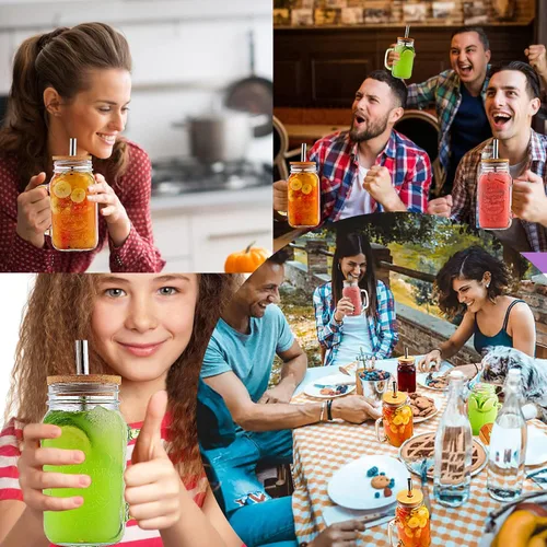 Vista 7 de Paquete de 4 tarros Mason de 24 onzas con asa, vasos reutilizables para beber, tarros Mason con tapas de bambú y popotes de acero inoxidable, vaso