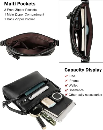 Vista 3 de MASINTOR Bolsos cruzados para mujer, bolso cruzado ligero y mediano, de cuero suave, bolsos de hombro para mujer con borla, Negro puro, Bandolera