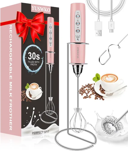 Vista 46 de YUSWKO Baby Blue - Varita espumadora de leche de mano para café, batidor eléctrico recargable con 3 cabezales, 3 velocidades, mezclador de bebidas