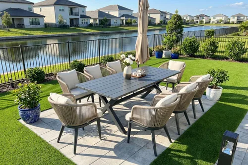 Vista 38 de PURPLE LEAF Juego de muebles para patio de 7 piezas, juego de mesa y sillas de mimbre para exteriores, marco rectangular de aluminio para jardín