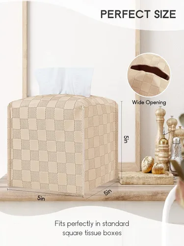 Vista 3 de Cubierta de caja de pañuelos, Soporte de caja de pañuelos cuadrado, Organizador decorativo de pañuelos de cuero para baño, mesa y coche, 12.7 cm x