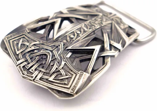 Vista 3 de Belt buckle Thor's Hammer, Scandinavian Old Norse Mjolnir solid German silver belt buckle, Viking Age mythology god's weapon belt buckle