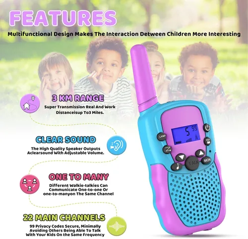 Vista 2 de Juguetes para niños o niñas de 4 a 12 años, paquete de 3 Walkie Talkies para exteriores y interiores, rango de 1.9 mi, 22 canales, radio de 2 vías