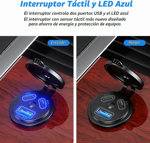 Vista 3 de Kewig Paquete de 2 cargadores USB con cable de 12 V multipuerto, doble PD3.0 y QC 3.0 múltiples puertos para automóvil, enchufe USB con interruptor