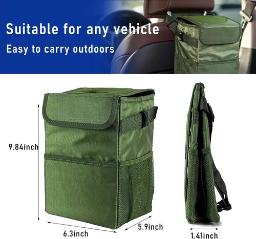 Vista 2 de Kewucn Basurero para automóvil con tapa, mini bote de basura impermeable, organizador de vehículos a prueba de fugas y bolsillos de almacenamiento