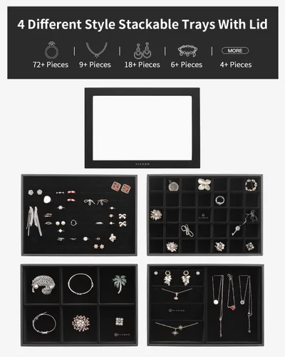 Vista 2 de Vlando Bandeja de joyería, caja organizadora de joyas apilable para cajón, aparador de armario, collar, aretes, anillos, pulseras para mujeres
