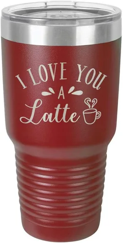 Vista 19 de Taza de viaje de acero con recubrimiento de polvo grabado con láser, con texto en inglés "I Love You A LATTE Engraved Tumbler", sin BPA