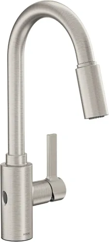 Vista 17 de Moen Genta LX - Grifo de cocina moderno cromado de una sola manija con rociador extraíble, cabezal de acoplamiento reflectante, grifo para fregadero
