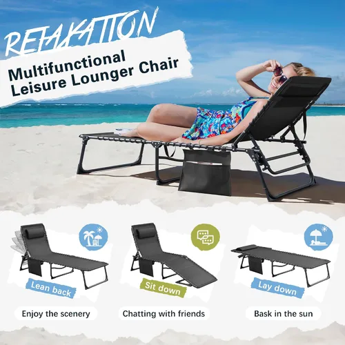 Vista 5 de Greesum Chaise Lounge Silla de bronceado plegable con respaldo ajustable de 5 posiciones, almohada desmontable y bolsillo exterior para piscina Negro