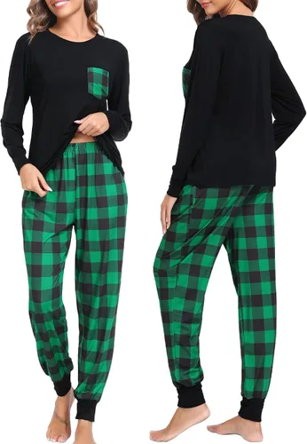 Vista 4 de SWOMOG Pijamas de Navidad para adultos, pantalones de pijama a cuadros con bolsillos, camisetas de manga larga para parejas y familia