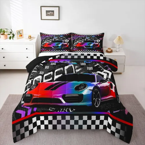 Vista 32 de Feelyou Juego de edredón azul de carreras para niños, juego de ropa de cama de coche deportivo para niños y niños, edredón deportivo geométrico a