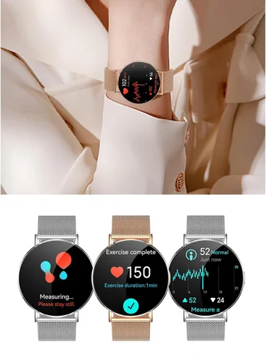 Vista 3 de Reloj inteligente para mujer, pantalla AMOLED de 1.32 pulgadas, frecuencia cardíaca, SpO2, monitor de sueño, calorías, clima, más de 100 modos