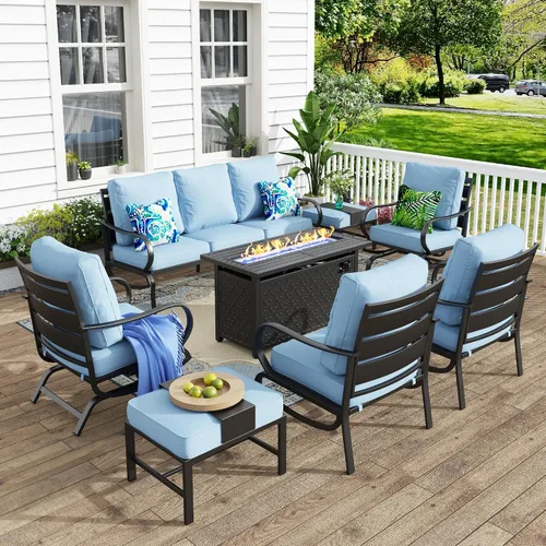 Vista 65 de MFSTUDIO Juego de 4 piezas de conversación para patio, marco de metal para todo tipo de clima, muebles de exterior con 1 mesa rectangular de propano