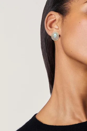 Vista 5 de Aretes de ópalo para mujer, piedras preciosas naturales, color blanco y azul, juego de joyas de ópalo ovalado, hipoalergénicos, piedra natal
