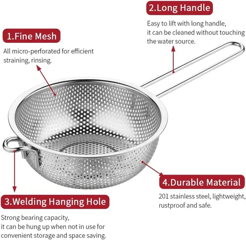 Vista 3 de Colador de acero inoxidable Colador de malla fina con mango largo, colador microperforado, colador de metal, colador de alimentos de cocina