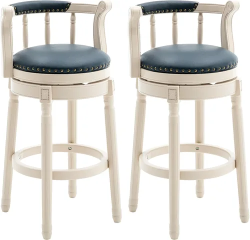 Vista 13 de RAINMOOD Taburetes de bar giratorios de cuero genuino beige mostrador de barra de madera con reposapiés para cocina, comedor, sala de estar
