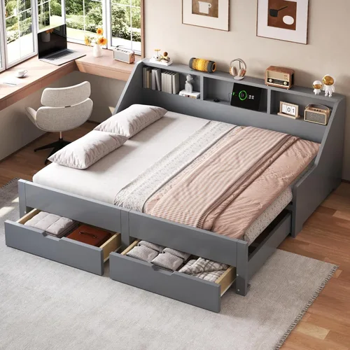 Vista 14 de JIVOIT Sofá cama extensible con cama nido y dos cajones de almacenamiento, marco de sofá cama de madera con soportes de listones de madera, diseño